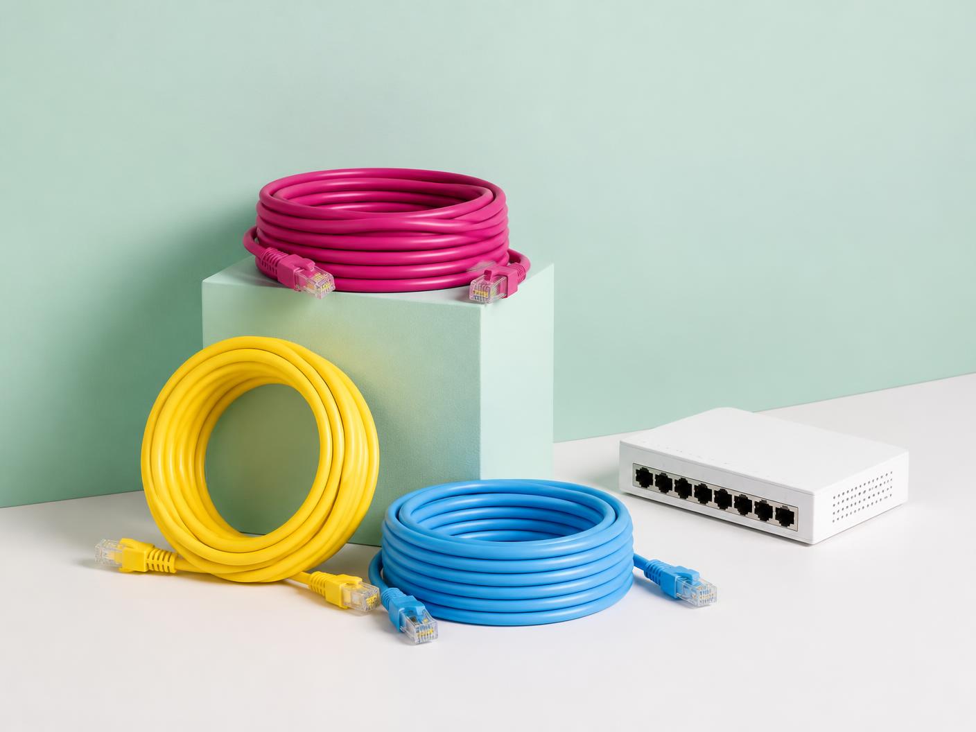 Netzwerk-Switch mit sauber verlegten blauen Netzwerkkabeln