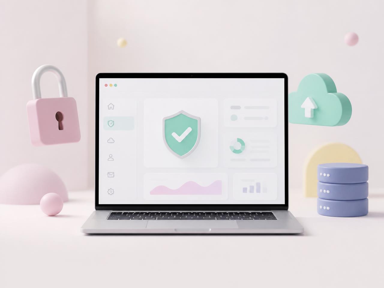 Laptop mit Sicherheits-Dashboard, Schloss, Cloud-Backup und Datenspeicher-Symbolen